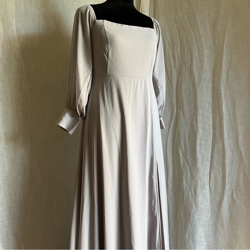 Light Grey Long Formal Dress with Off the Shoulder Sleeves.